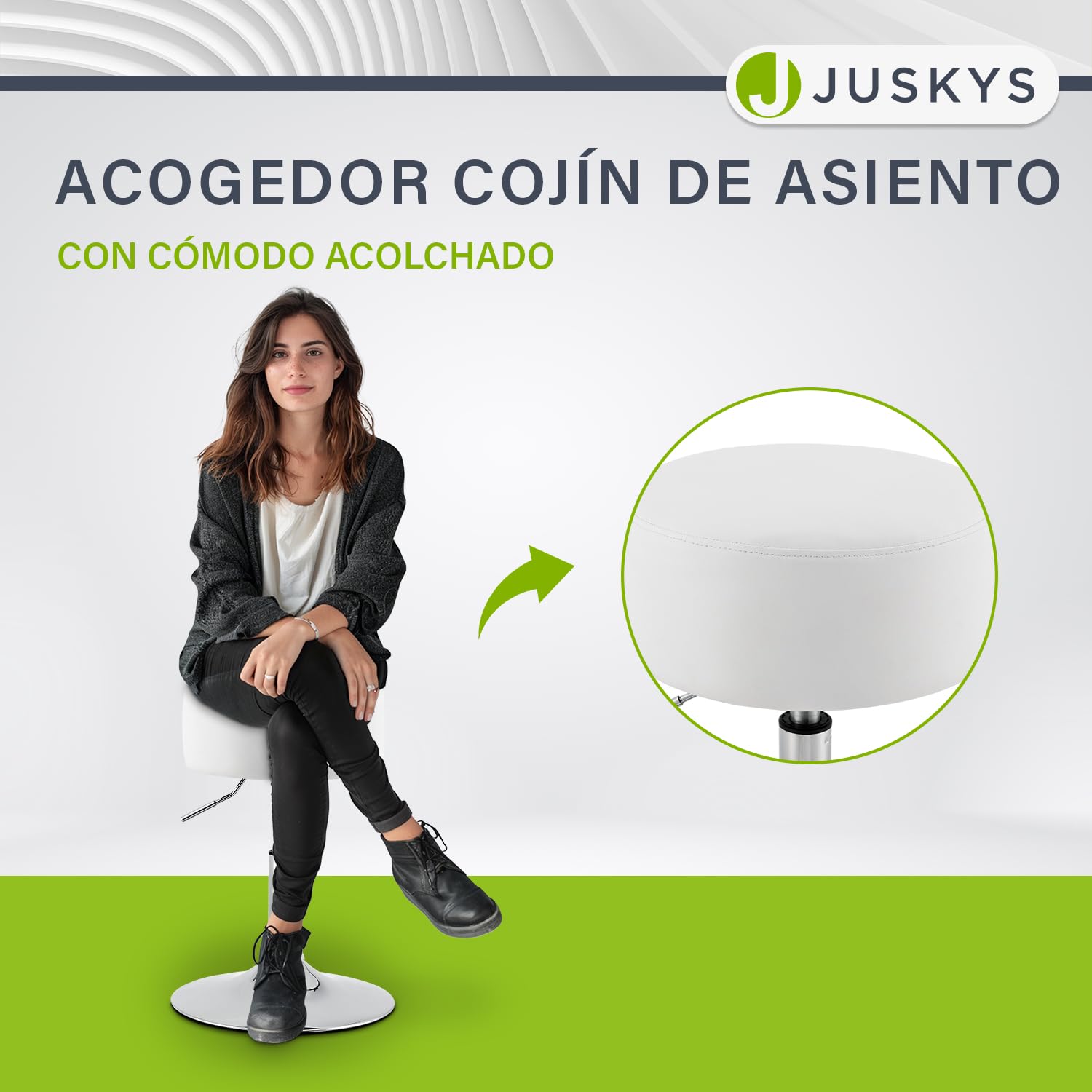 Juskys Taburete Tonia para tocador – Asiento Redondo de 33 cm, Altura Regulable 52–65 cm – Diseño ergonómico Acolchado con Funda de Polipiel Blanca
