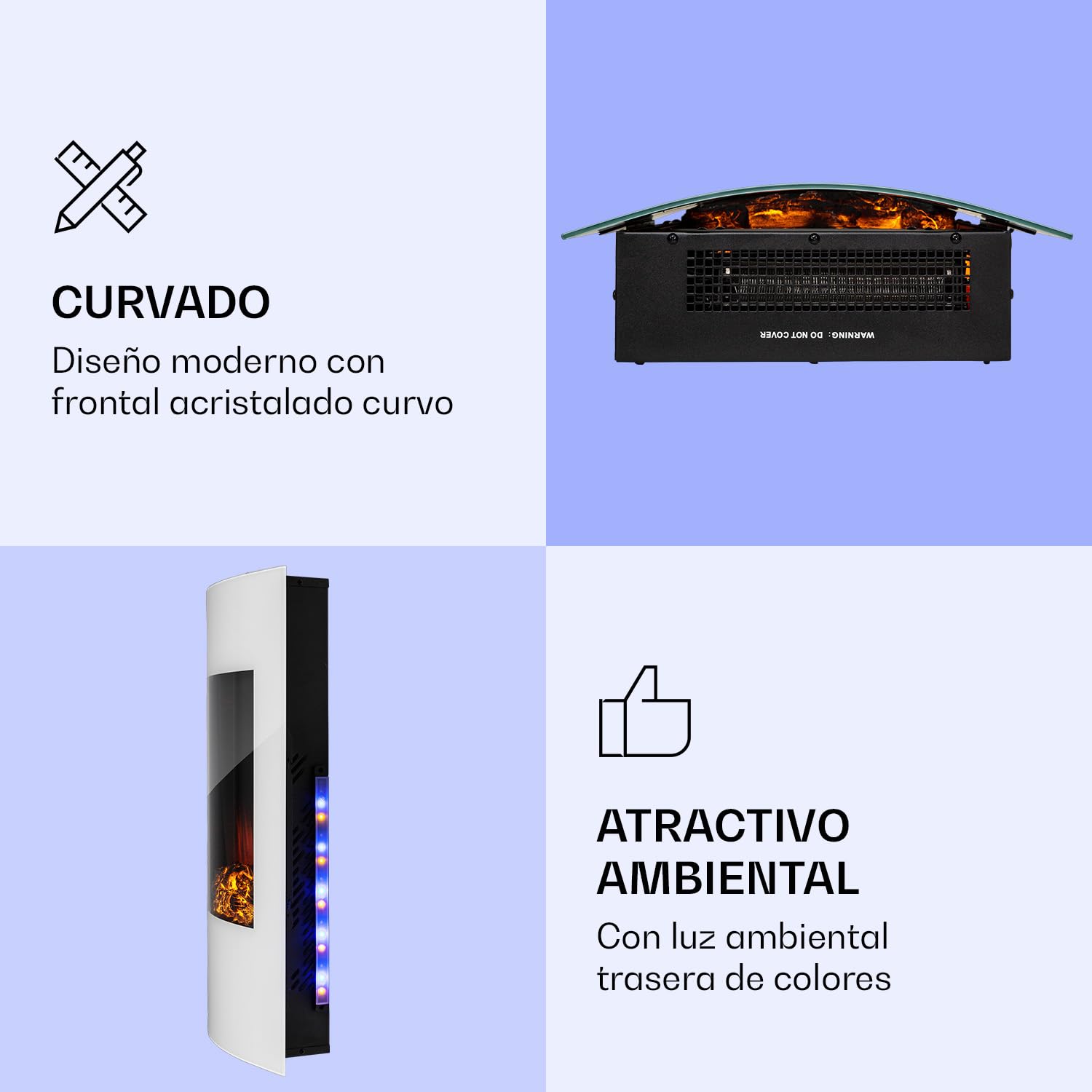 Klarstein Chimenea Electrica Pared, Estufa sin Leña de Interior, Chimeneas Electricas Decorativas 2000W, Llama LED, Chimenea Decorativa Falsa, Mando a Distancia, Temporizador y Termostato Ajustable