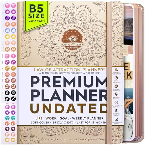 Law of Attraction Planer undatierter Deluxe-Wochenplaner Monatsplaner eine 12-monatige Reise zur Steigerung der Produktivität und des Glücks Lebensorganizer Dankbarkeits-Tagebuch und Aufkleber