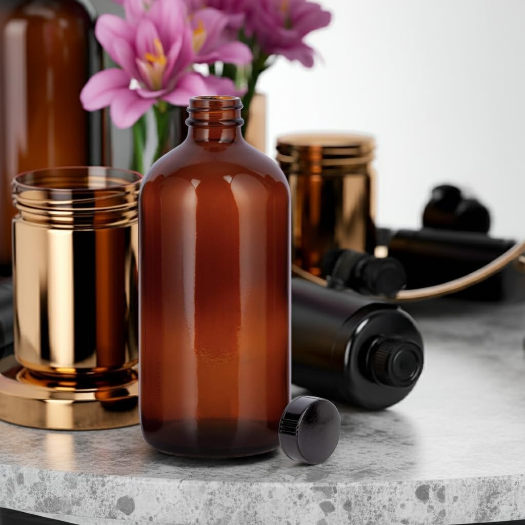 JUVITUS (6 Pack) 16 oz Amber Glass Boston Round Bottle with Airtight Black Phenolic Cap