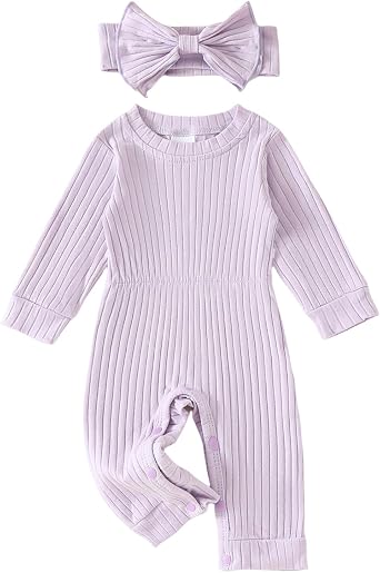 Newborn Baby Girl Fall Clothes Ribbed Long Sleeve Romper Jumpsuit with Headband Infant 2Pcs Coming Home Outfit