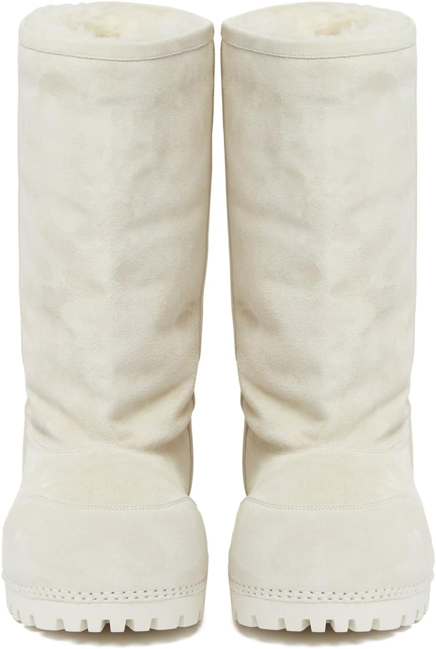 Platform Snow Boots for Women Suede Classic Fur Hippy Mid Calf Winter Boots Slip On High Boots Comfortable Chunky Trending Shoes Biege