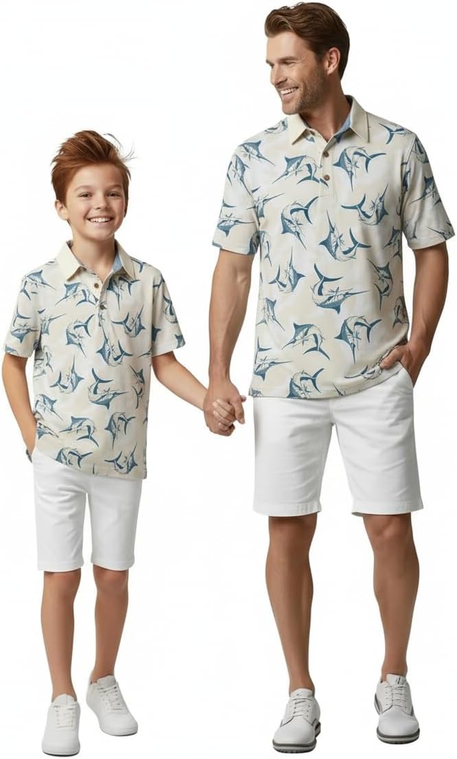 Hawaii Hangover Father Son Matching Hawaiian Outfits – Marlin Fish Yellow Tropical Polo Shirt & Boys Shirt