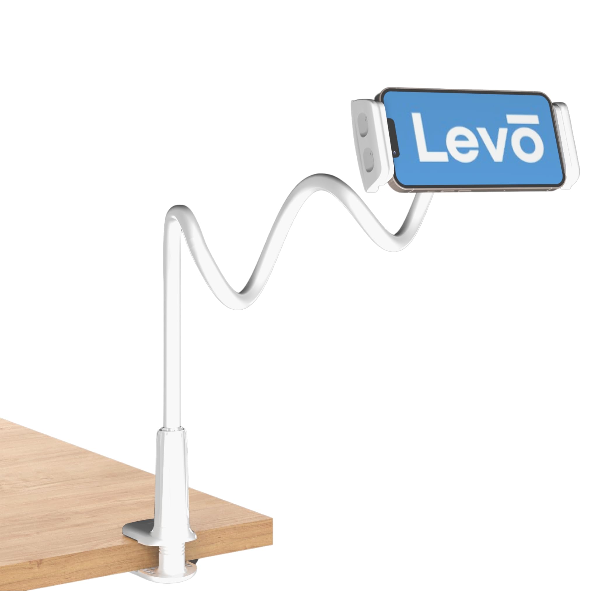 LEVO Adjustable Cell Phone Holder – Clamping Gooseneck Phone Mount with Flexible Long Arm – Hands-Free Smartphone Holder for Desk, Bed, Headboard,