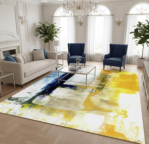 Miniatura 3 de Alfombra contemporánea moderna abstracta azul amarillo vibrante de 4 x 6 pies, alfombra estética de lana ultra suave para sala de estar, dormitorio,