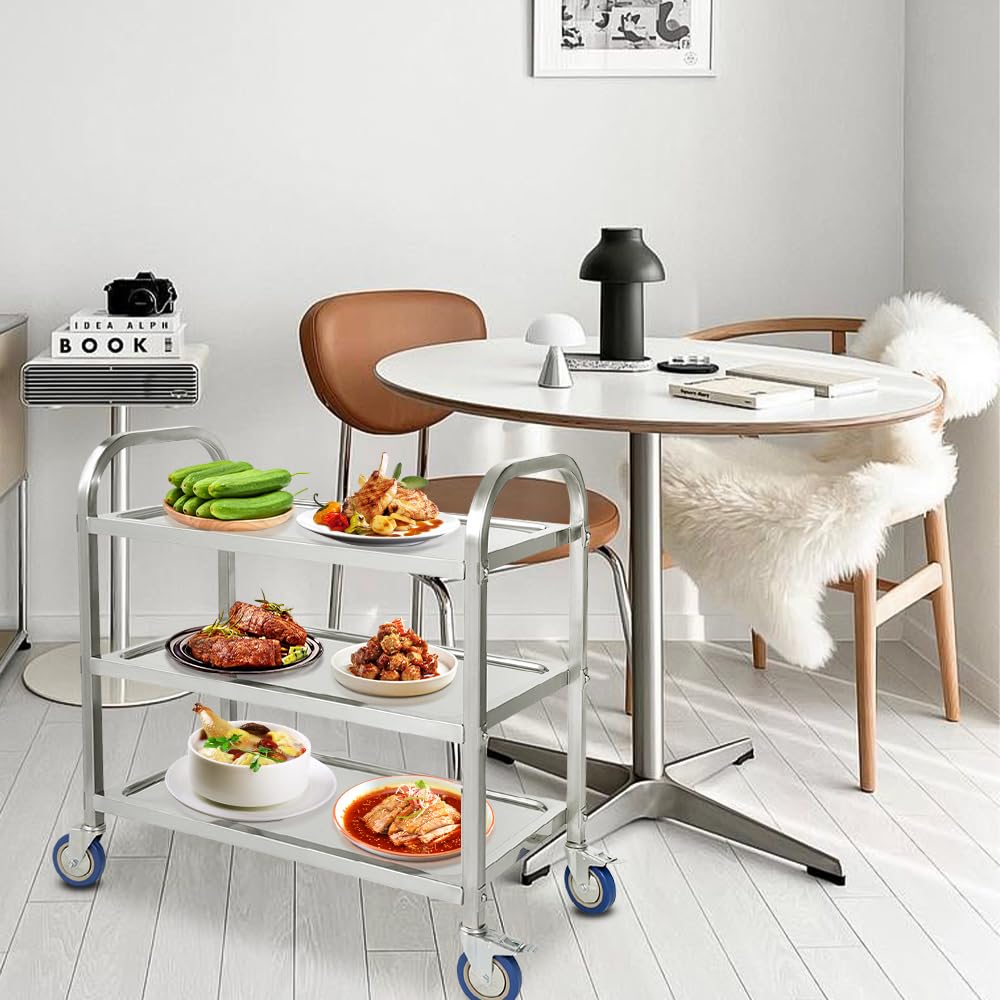 Carrello Cucina Acciaio Inox - 3 Ripiani, 95x50x95cm, Portata 500kg, Con Ruote