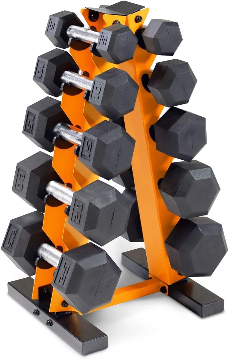 WF Athletic Supply 5-25Lb Rubber Coated Hex Dumbbell Set with A Frame Storage Rack Non-Slip Hex Shape for Muscle Toning, Strength Building & Weight Loss - Multiple Choices Available