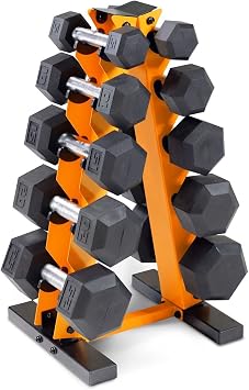 WF Athletic Supply 5-25Lb Rubber Coated Hex Dumbbell Set with A Frame Storage Rack Non-Slip Hex Shape for Muscle Toning, Strength Building & Weight Loss - Multiple Choices Available