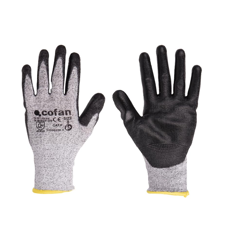 Cofan Gants anti-coupures ultra légers | Niveau D | HPPE + revêtement PU noir | EN 388 4X43D | Pack de 12 paires de gants ou format unitaire | Taille 7 | Protection mécanique (12, 7)