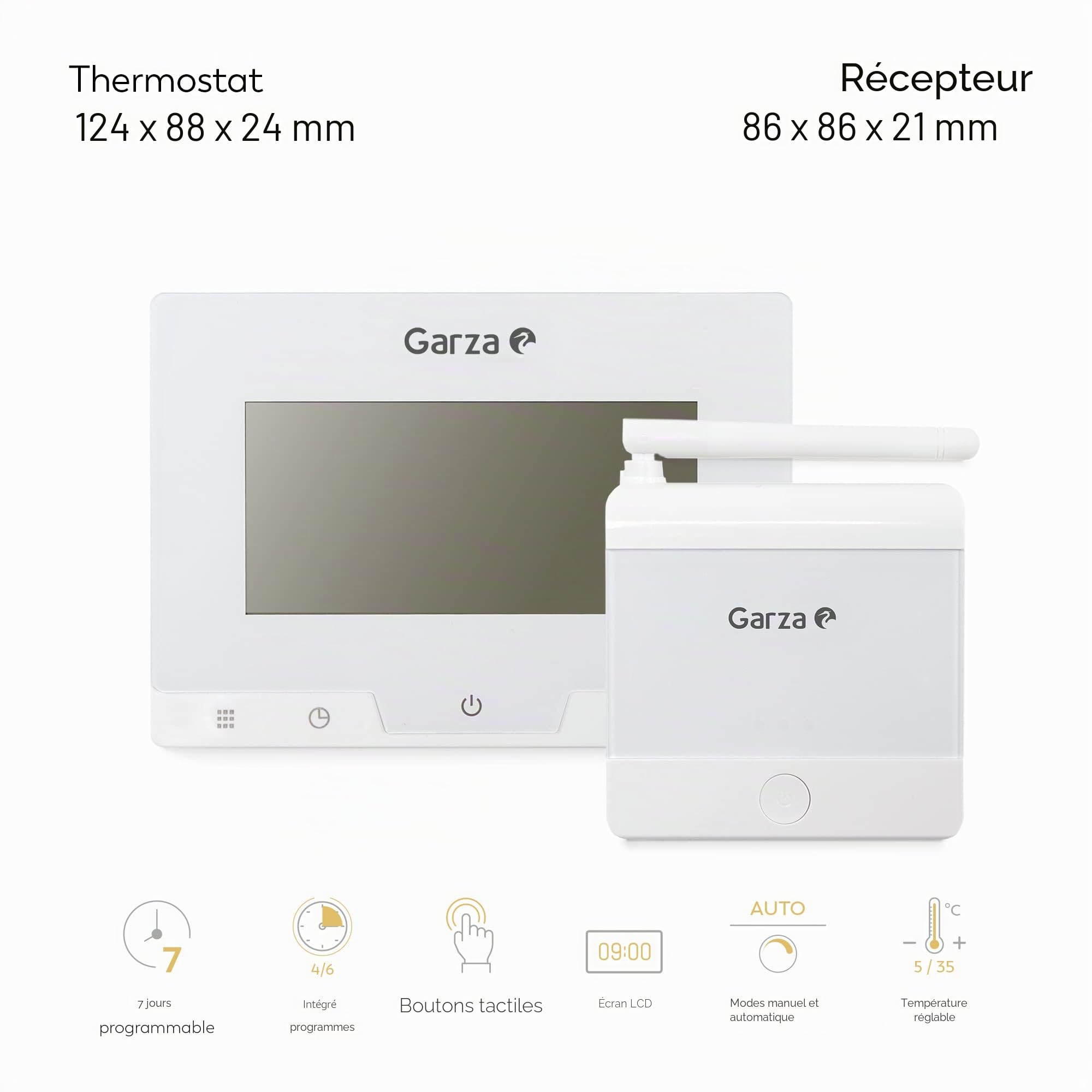 Garza - Thermostat numérique sans fil programmable pour chaudière et chauffage, Chronothermostat tactile et régulateur de température portable, Blanc, 20 x 80 x 120 millimètres