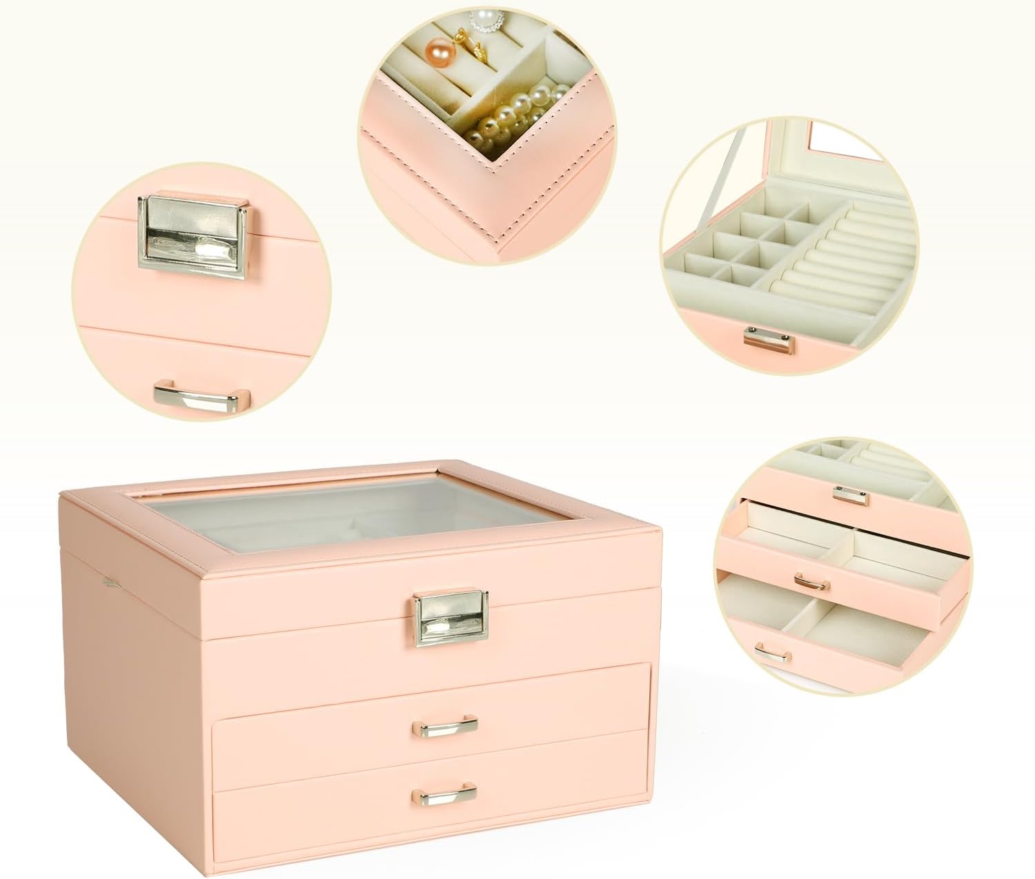 Jewelry Box for Women | 3-Layers Jewelry Organizer Storage Display with Glass Lid and 3 Drawers | Large Capacity for Necklace Earrings Bracelets Ring(Pink)