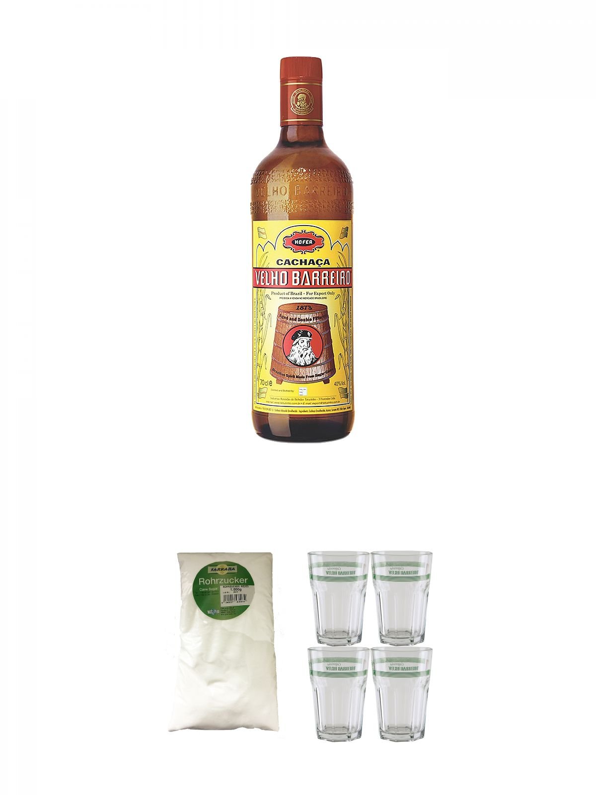 Velho Barreiro Silver Cachaca Originalabfüllung 0,7 Liter + Sarkara weißer Rohrzucker für Cocktails 1,5 Kg + Velho Barreiro Caipirinha Glas 4 Stück