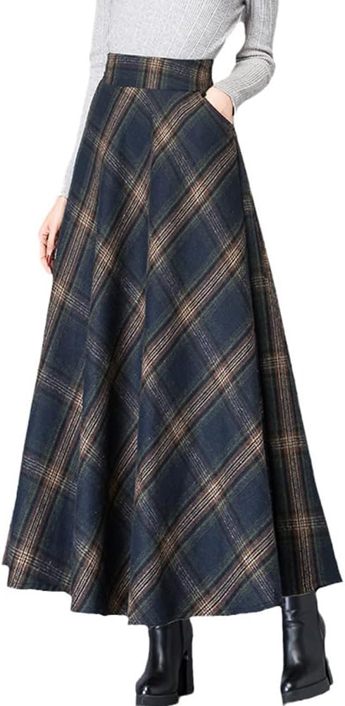 Women's Plaid Skirt Warm Elastic Waist Wool A-Line Pleated Tartan Winter Long Skirts