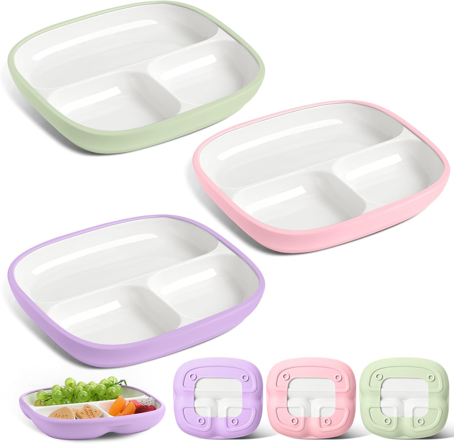 Domensi 3 Sets Kids Porcelain Plates with Silicone Sleeves Toddler Divided Porcelain Plate Baby Ceramic Dishes Snack Container for Kid Toddler Baby Feeding Microwave Dishwasher Safe(Vivid Color)