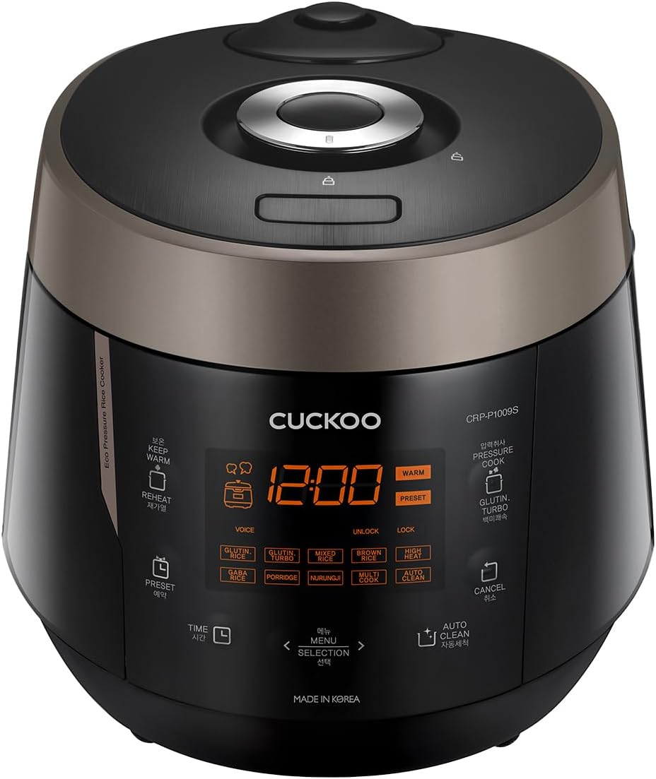 CUCKOO High Pressure Rice Cooker 10-Cup Uncooked / 20-Cup Cooked with Nonstick Inner Pot, Large Rice Maker with 13 Menu Options and Steam Plate, Fuzzy Logic Tech, Voice Guide, Black (CRP-P1009SB)