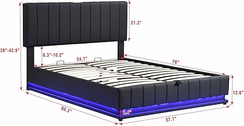 RIDFY Marco de cama de almacenamiento elevado con luz LED, enchufes, puertos USB, moderna plataforma tapizada completa con sistema de almacenamiento
