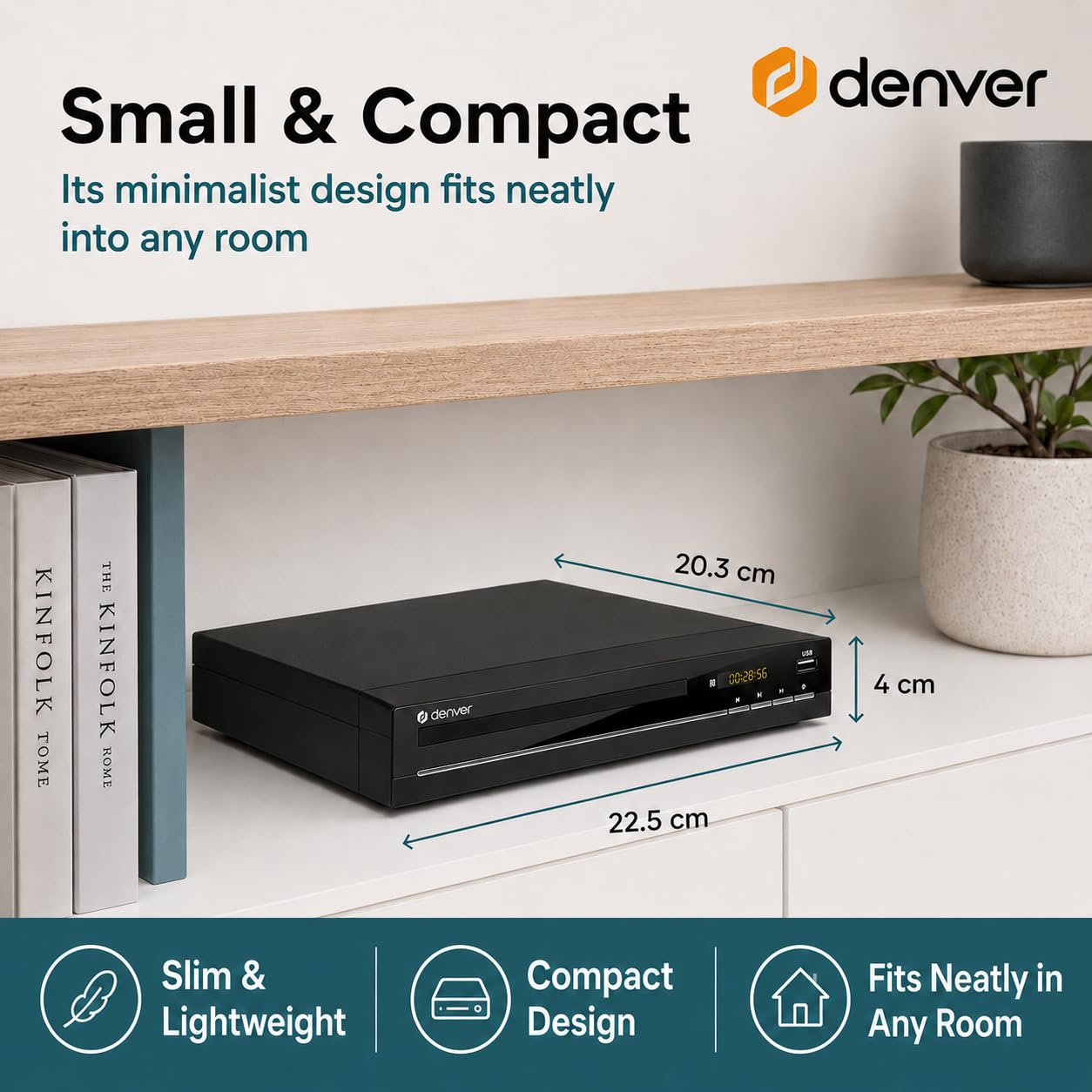 Denver DVH-7787 Lecteur DVD compact, multi-régions/toutes régions, mise à l'échelle Full HD 1080p, HDMI, connexions péritel et vidéo composite, port USB et télécommande