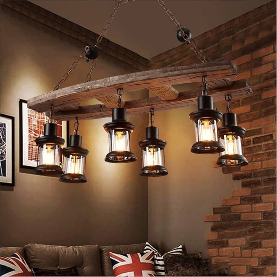 6 Lights Industrial Wooden Hanging Lighting Retro Loft
