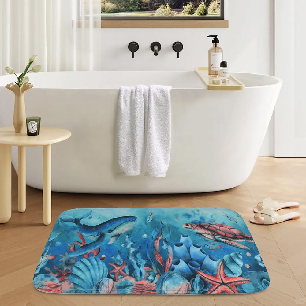 Vanleonet Ocean Bath Mat, Coastal Bathroom Rugs Non Slip Washable, Fluffy Plush Soft Absorbent Bathroom Rug Bathtub 24x16 Inches