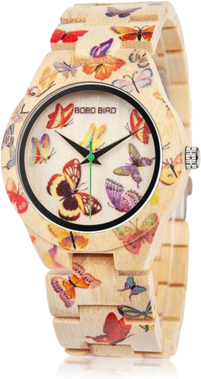 Women's Bamboo Watch Butterfly Engraved Handmade Wooden Casual Watches