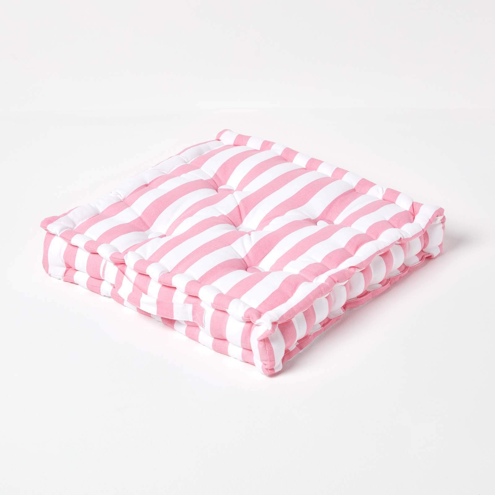 Homescapes Unisex Kids Pink Cotton Thick Stripe Floor Cushion In | Size: 50Cm X 50Cm