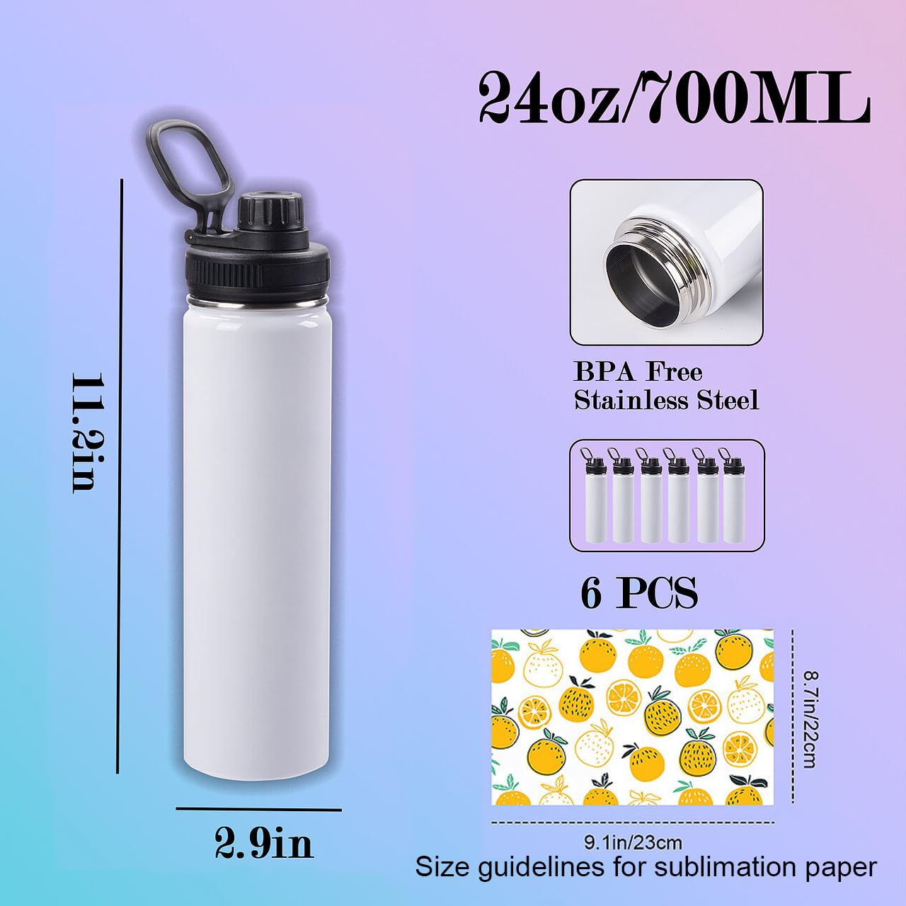 6 Stück Sublimations-Wasserflaschen 680 Ml – Edelstahl, Vakuumisoliert, Auslaufsicher, Personalisierbar