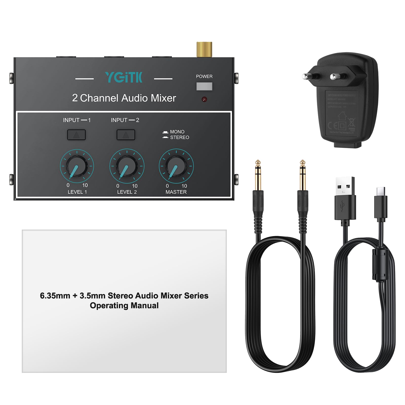 Mini Mezclador de Audio Mezclador de Línea Estéreo de 2 Canales de 6.35mm+3.5mm TSR, 4 Entradas y 1 Salida, para Guitarras, Bajo, Teclados, Micrófono Dinámico