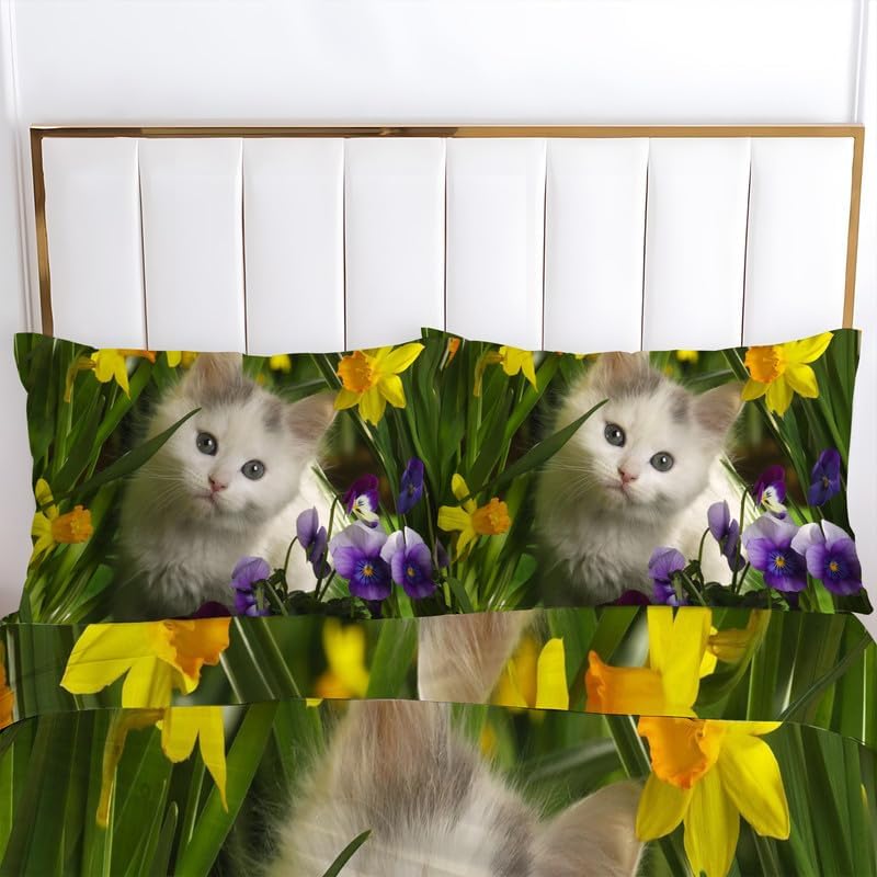 Miniatura 3 de Funda de edredón de microfibra suave y 2 fundas de almohada de 20 x 36 pulgadas, color verde oscuro, con estampado de gatito, para decoración de la