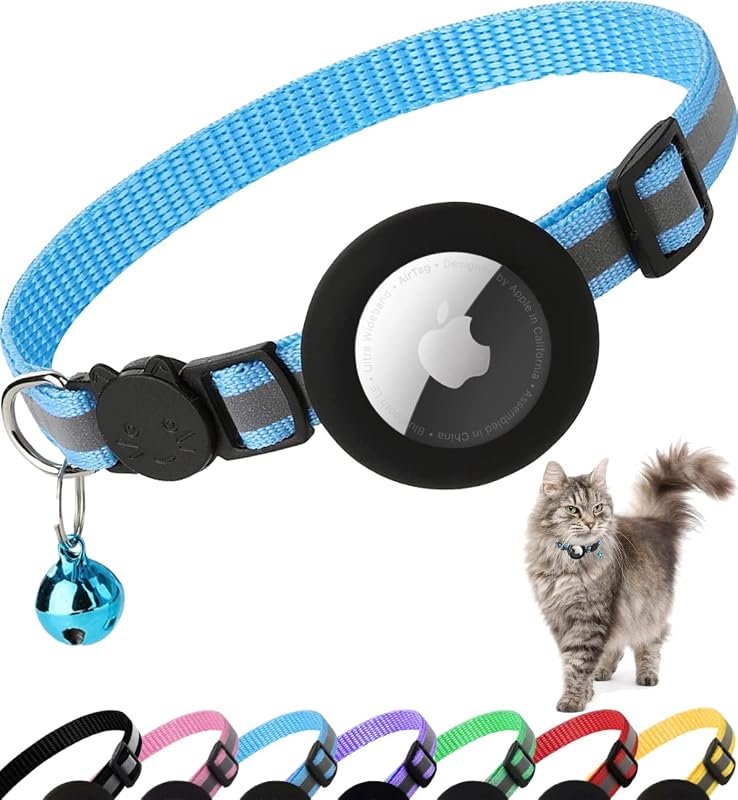 Coleira para Gatos com Suporte para AirTag, Nylon Refletivo e Fivela Breakaway Azul Dgerp