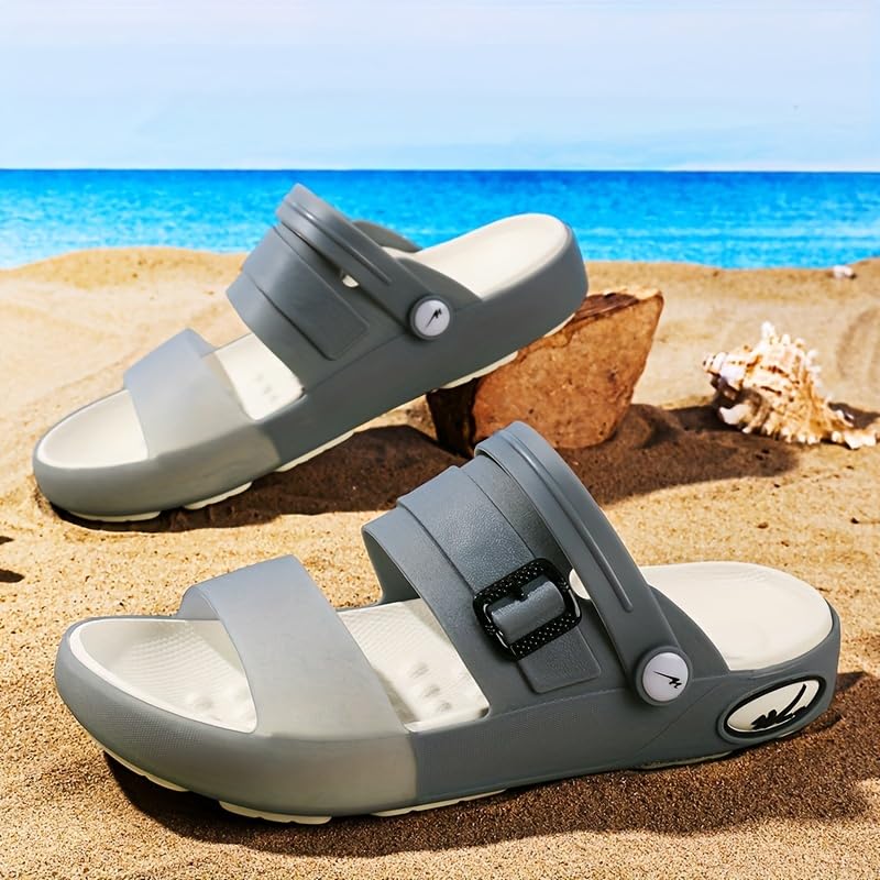 Men's Summer 2024 Slide Sandals - Breathable EVA Material with Adjustable Buckle Strap, Non-Slip Sole for Beach & Driving - Gray3