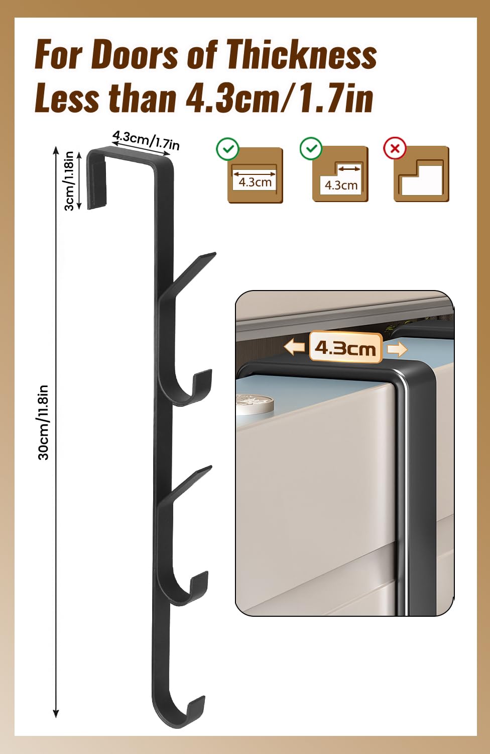 MIVITOOM 4 Pack Over The Door Hooks, Vertical Over The Door Towel Rack, Stainless Steel Over Door Hanger for Hats Bags Towels -Black - Image 3