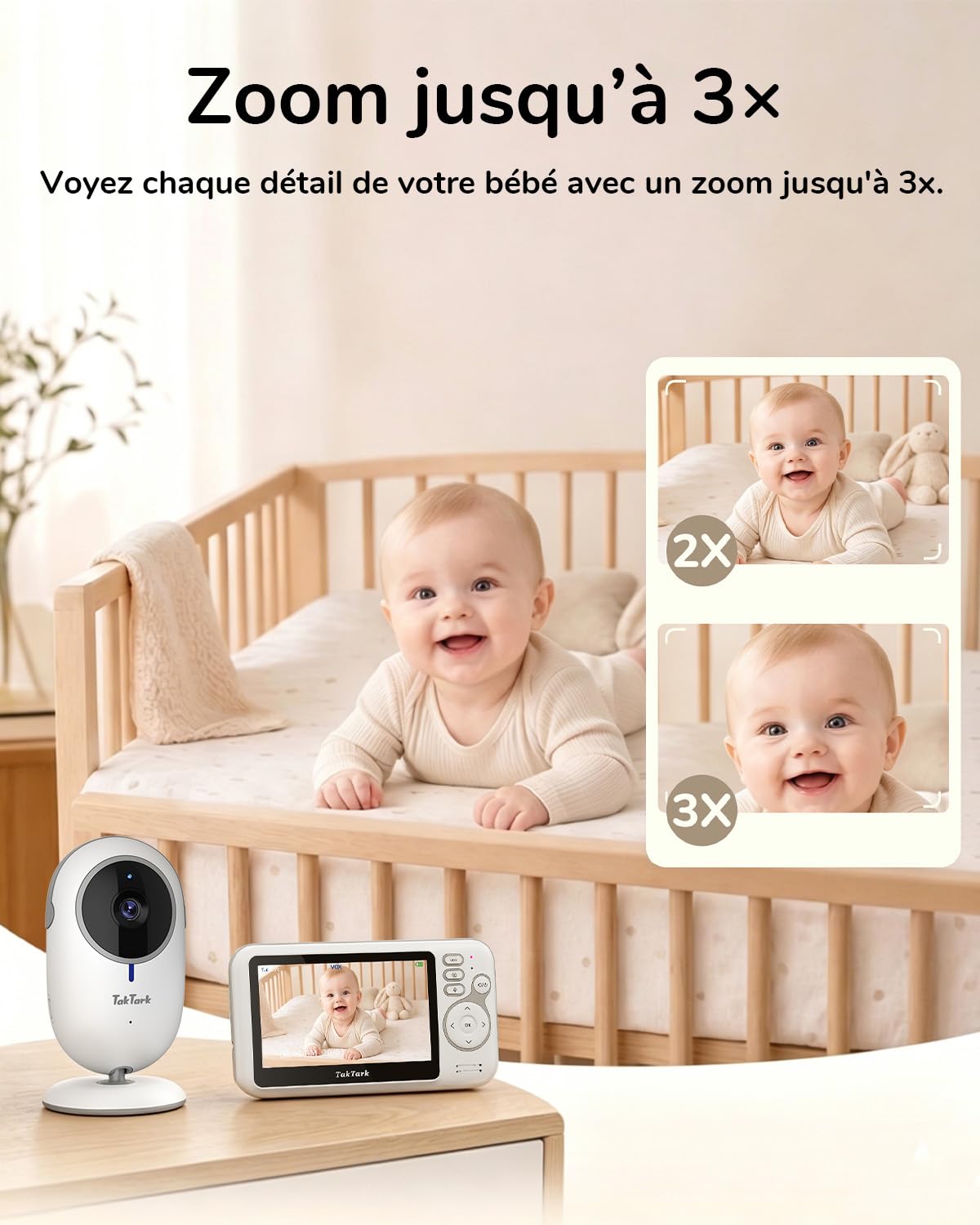 TakTark Babyphone Camera, Babyphones 4.3'' IPS Babyphone Vidéo, Camera Bebe Surveillance, Visiophone Bébé, VOX, Vision Nocturne, Communication Bidirectionnelle, Capteur de Température