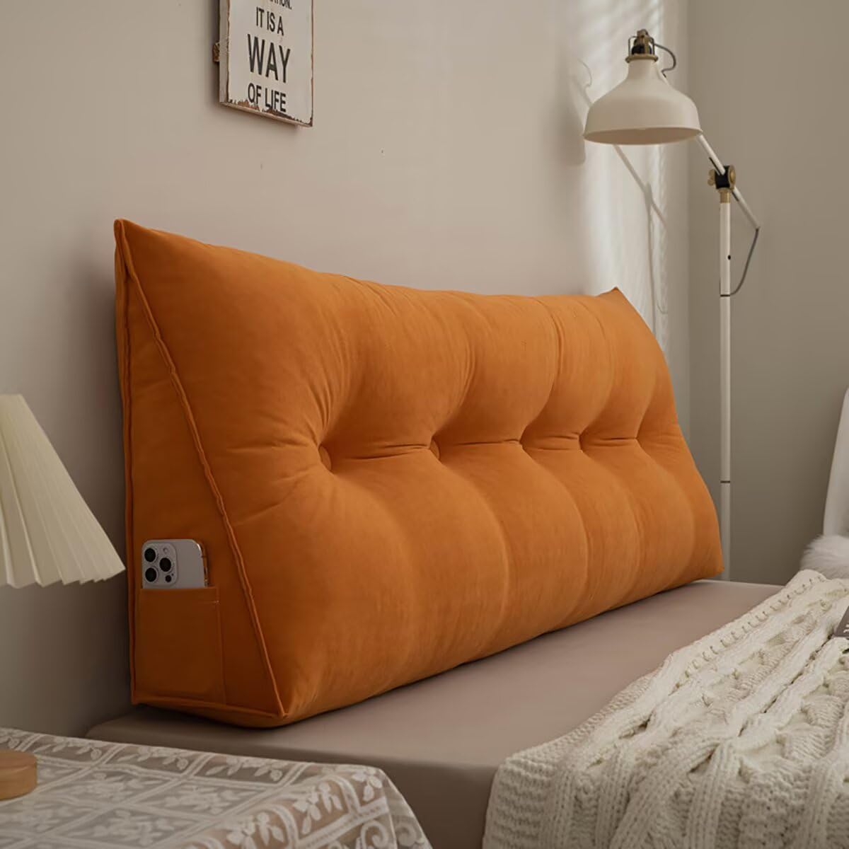 Couchkissen Groß, Rückenkissen 60CM Orange, Lesekissen für Bett und Sofa, Chenille Sofakissen mit Waschbarem Bezug, Rückenpolster für die Wand, Sitzkissen, Wandkissen, Keilkissen zum Anlehnen im Bett