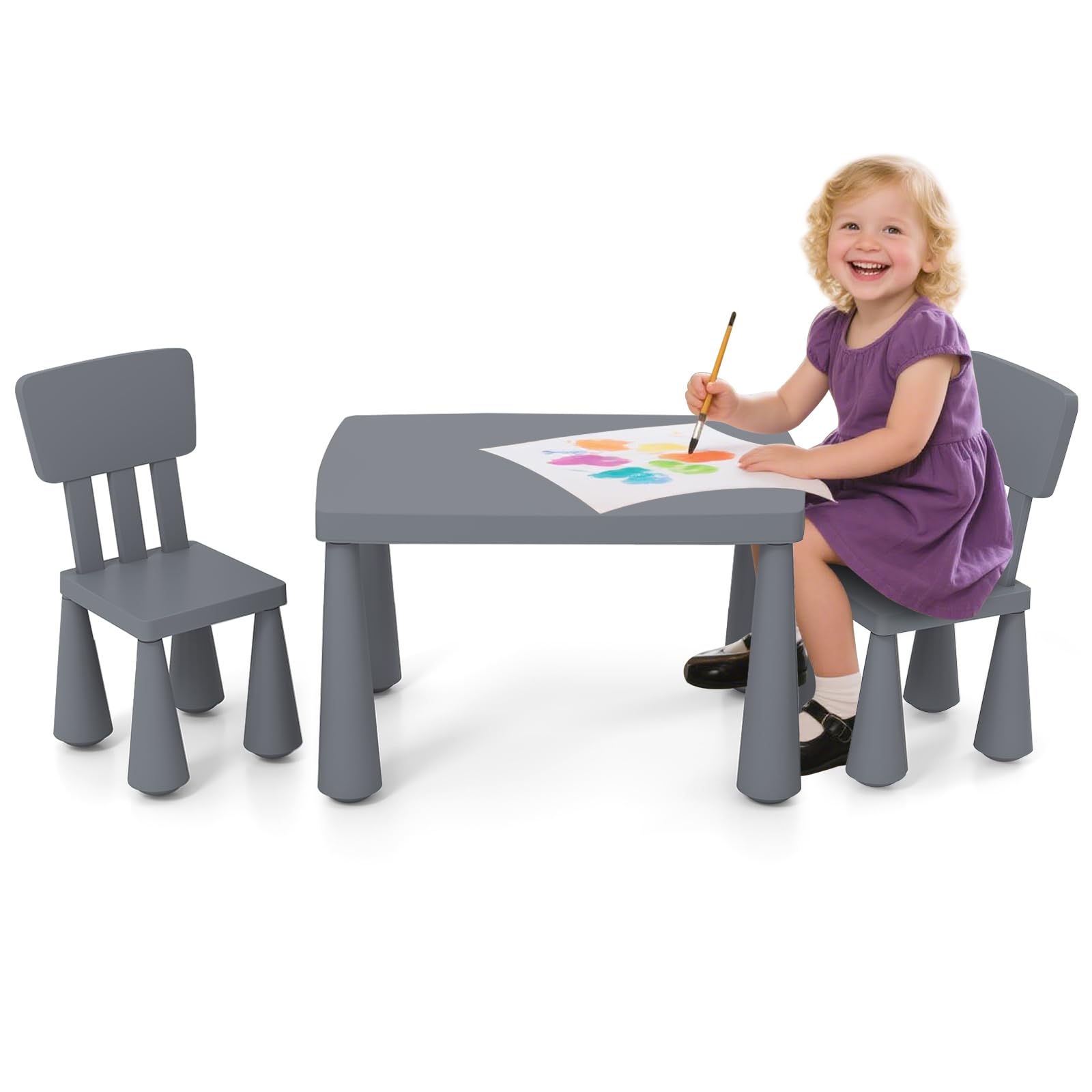 DREAMADE Kindertisch mit 2 Stühlen, 3tlg. Kindersitzgruppe mit abgerundeten Kanten zum Lernen & Essen & Spielen, Sitzgruppe aus Kunststoff, Kindermöbel Set für Mädchen und Jungen (Grau)