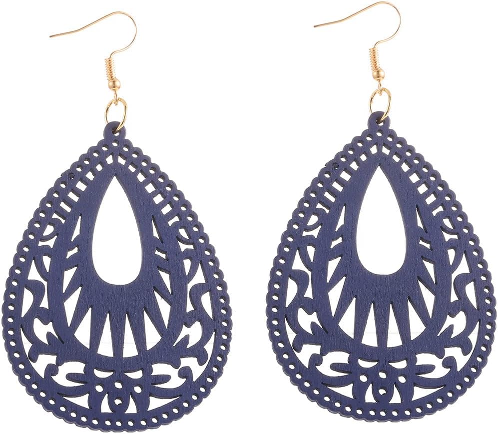 Bohemian Geometric Wood Earrings for Women Vintage Natural Wooden African Lightweight Teardrop Dangle Earrings Statement Boho Jewelry