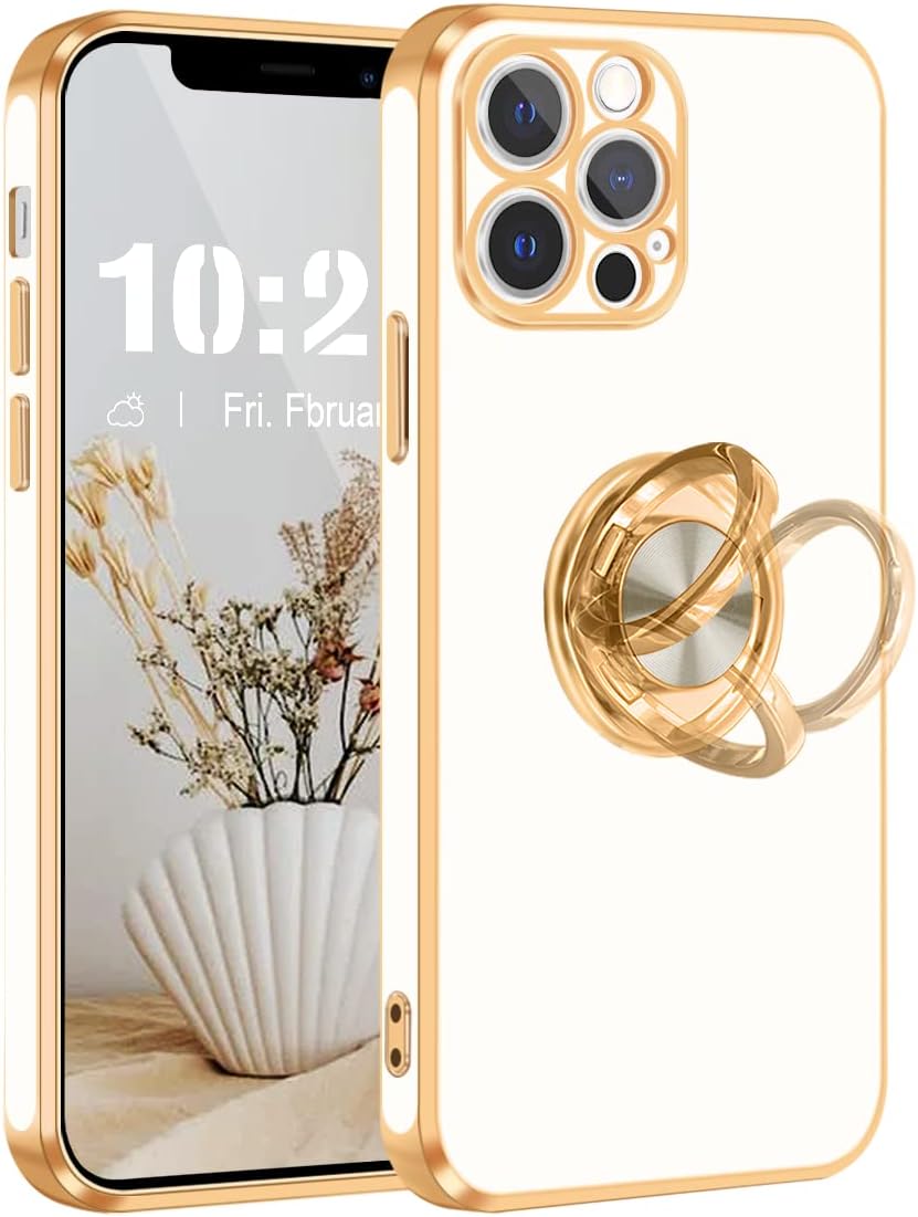 for iPhone 12 Pro Case,for iPhone 12 Pro Phone Case with Stand Ring Holder,360° Rotatable Magnetic Kickstand Shiny Plating Gold Edge Slim Soft TPU Shockproof Protective Case for Women Men,White