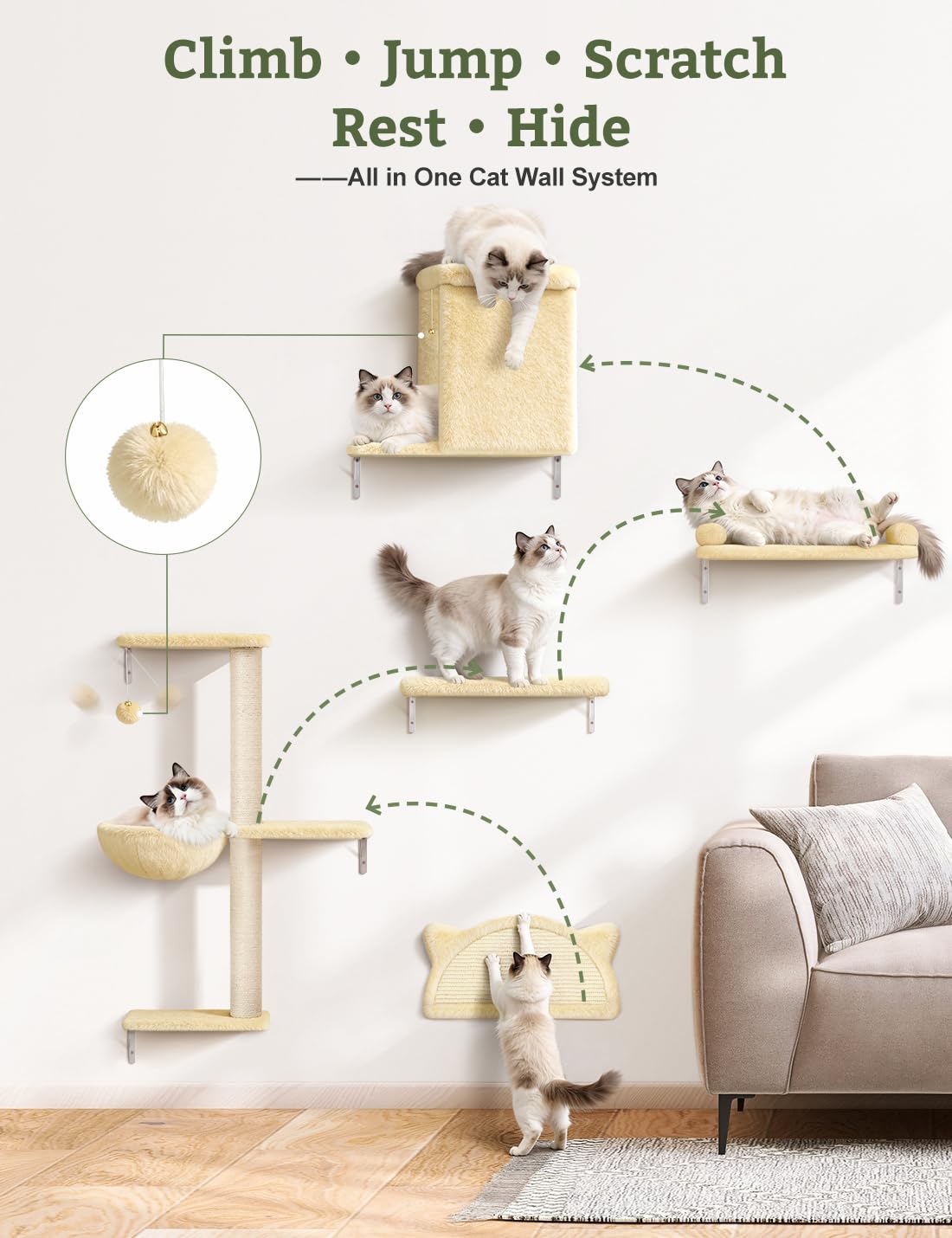 5-in-1 Katzen kletterwand Set mit Katzenbaum Hängematte,Katzen Wandelemente,Katzentreppe Wand, Massivholz Katzenwandmöbel Set für Katze Catwalk - Beige