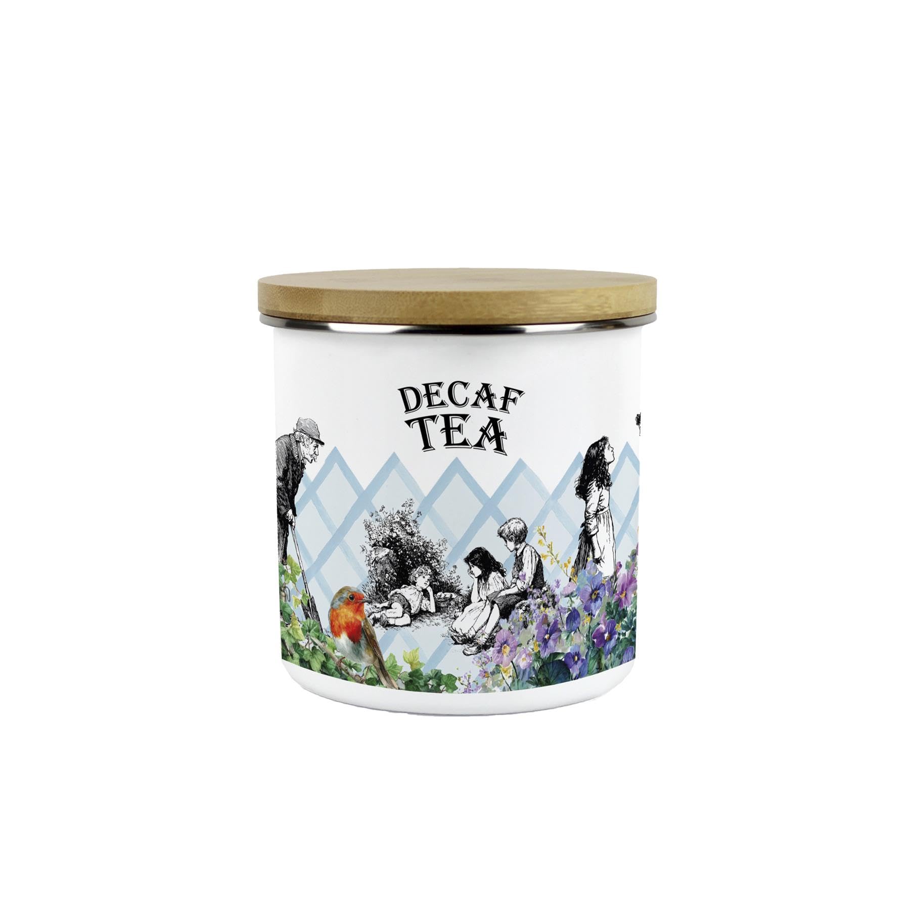 Secret Garden Decaf Tea Canister - 600ml Enamel Kitchen Storage Jar Gifts