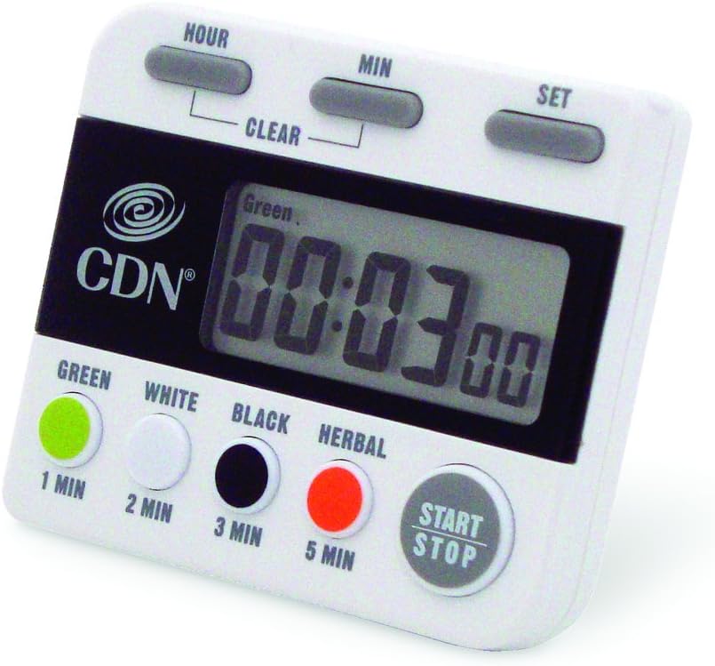 CDN Tea Timer-4 Preprogrammed Steeping Timers for Green, White, Black and Herbal Teas, White/Black