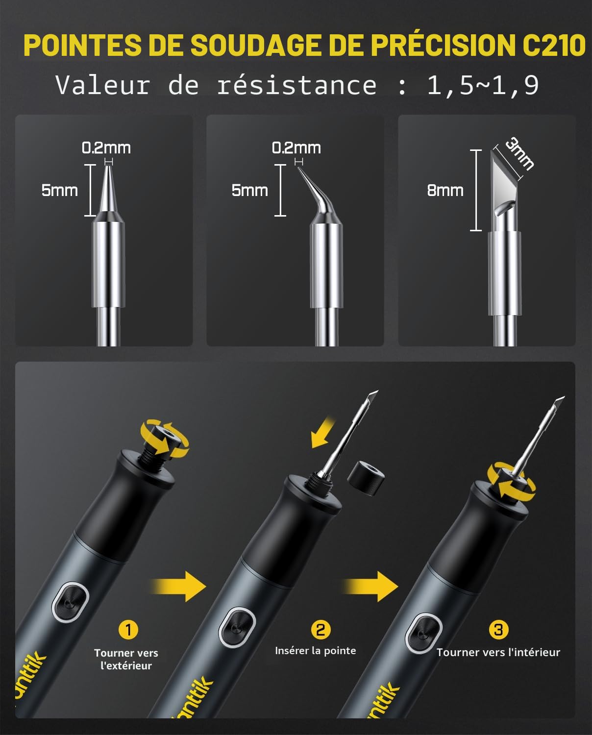 Fanttik T1 Max Fer à souder sans fil, chauffage rapide en 7 secondes (200°C-450C), arrêt automatique, 4 pointes de soudure de précision (C210), support pivotant à 360°