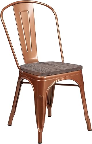 Flash Furniture Tenley Silla apilable de metal de cobre con asiento de madera