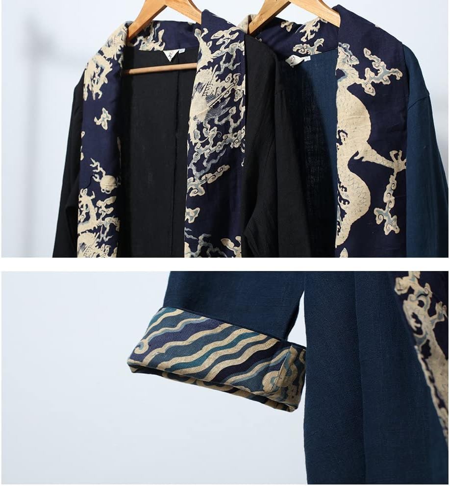 Men's Ruffle Shawl Collar Trench Cardigan Open Front Lightweight Long Length Drape Cape Overcoat with Dragon Print