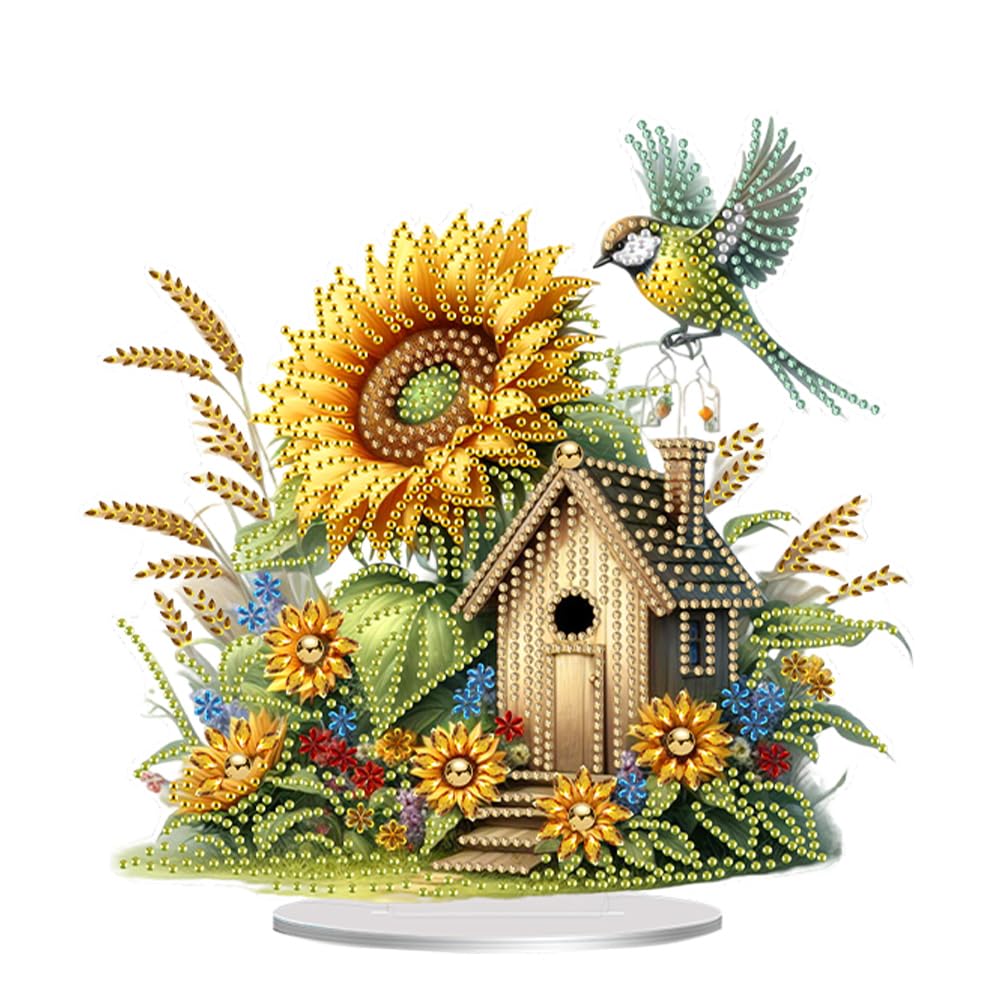 DIY Diamond Dots Desktop & Tabletop Ornament with Stand,Crystal Special Shaped 5D Diamond Art Kit for Adults - Home Office Desk Decor, Relaxing Craft Gift Idea(Sunflower Birdhouse)
