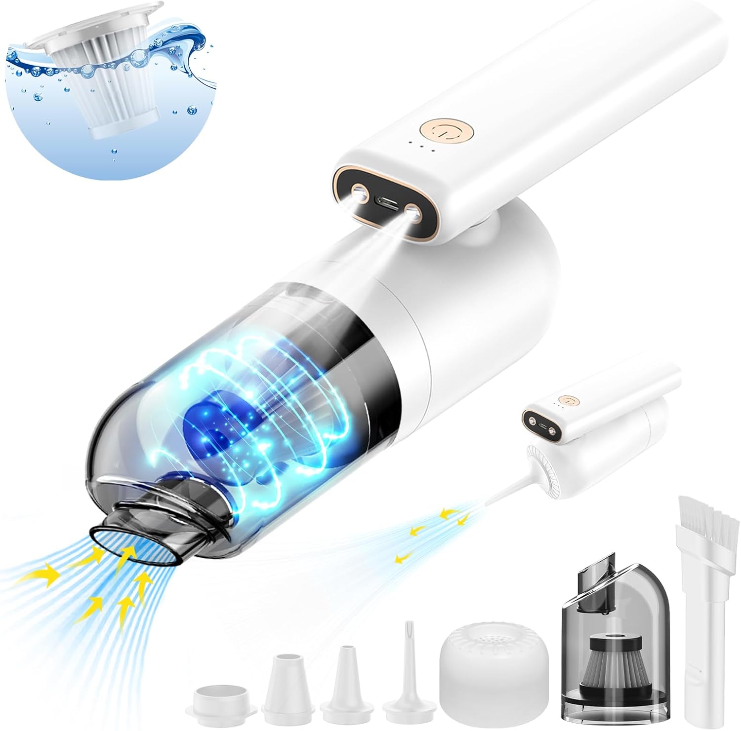Minthouz Mini Autostaubsauger Kabellos – 15000Pa Saugkraft, Mit LED-Licht, 8 Zubehörteilen, 30 Min Laufzeit