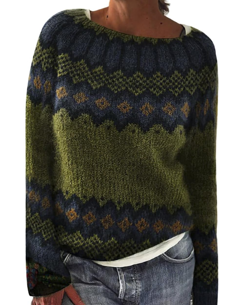 Womens Fair Isle Knitted Sweater Lightweight Crew Neck Pullover Tops Casual Long Sleeve Sweater Fall Winter