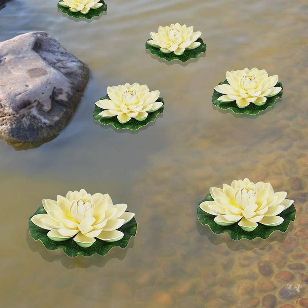 Fiori di Loto Galleggianti Finti, 5 Pezzi Ninfea Artificiale Impermeabile in Schiuma per Casa, Giardino, Stagni, Piscina, Acquario (Bianco)