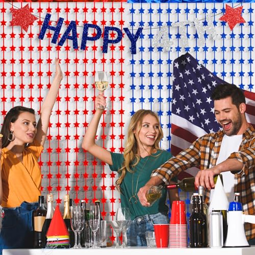 Image of Tingjoo 3 Pack 4th of July Decorations 3.3 x 6.6 ft Patriotic Star Streamers Red Blue and Silver Tinsel Foil Fringe Curtains Decorations Backdrop for Independence Day America Memorial Day Labor
