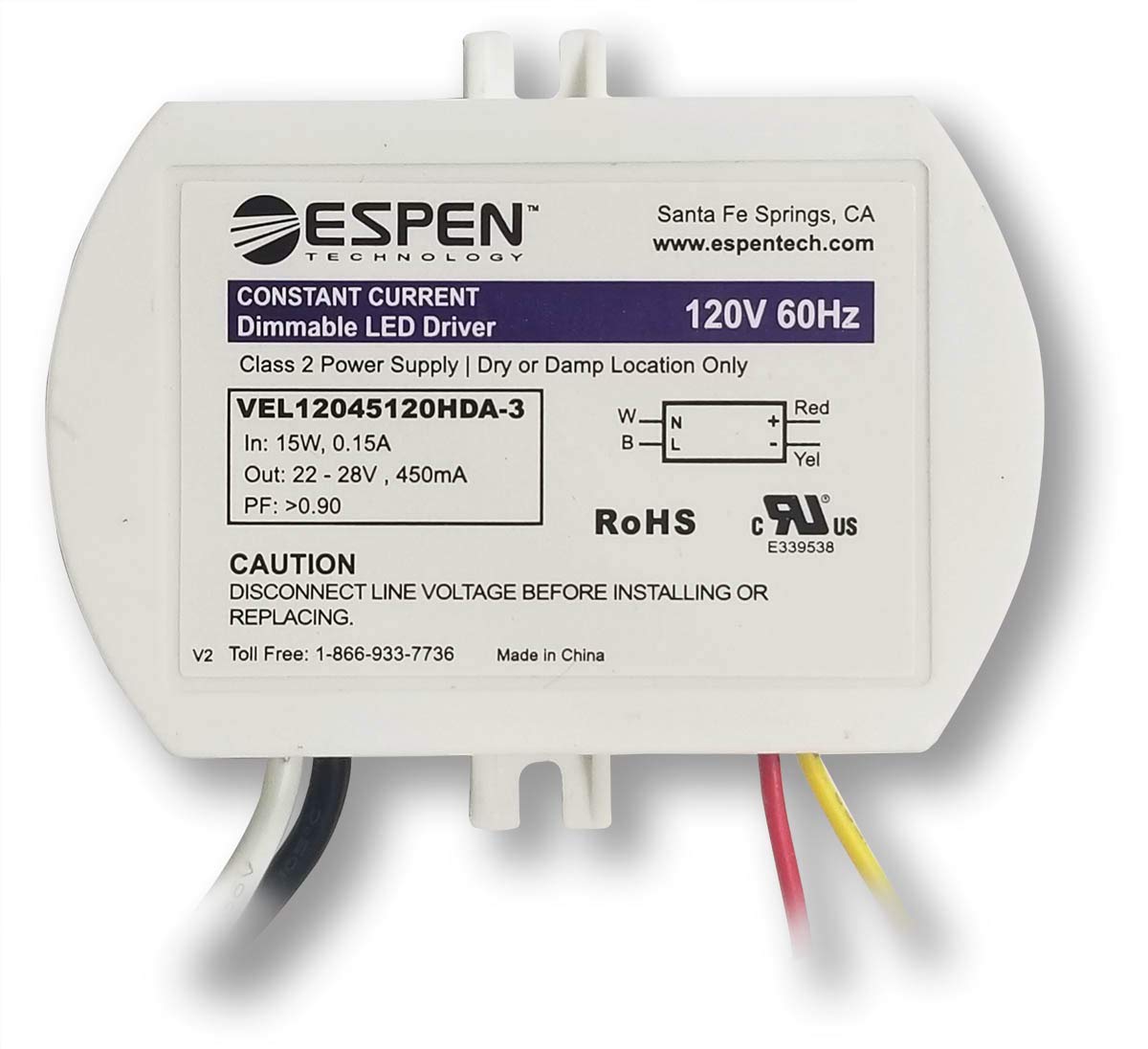 Espen LED Driver, VEL12045120HDA3, TRIAC Dimming, Constant Current, Max. 12W, 450mA, 120V Input