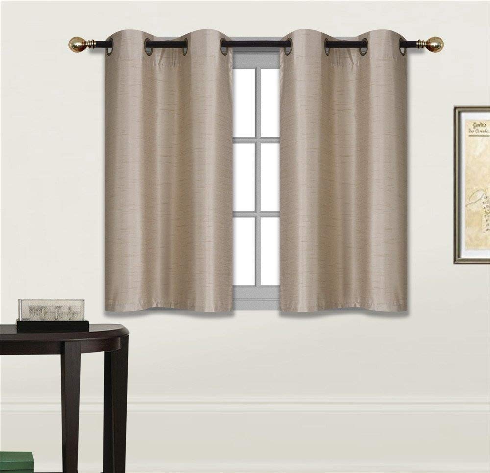 Fancy Linen 2 Panel Faux Silk Blackout Curtain Set Solid Taupe with Grommet Top Room Darkening Short Tier Drapes for Kitchen, Bathroom or Any Small