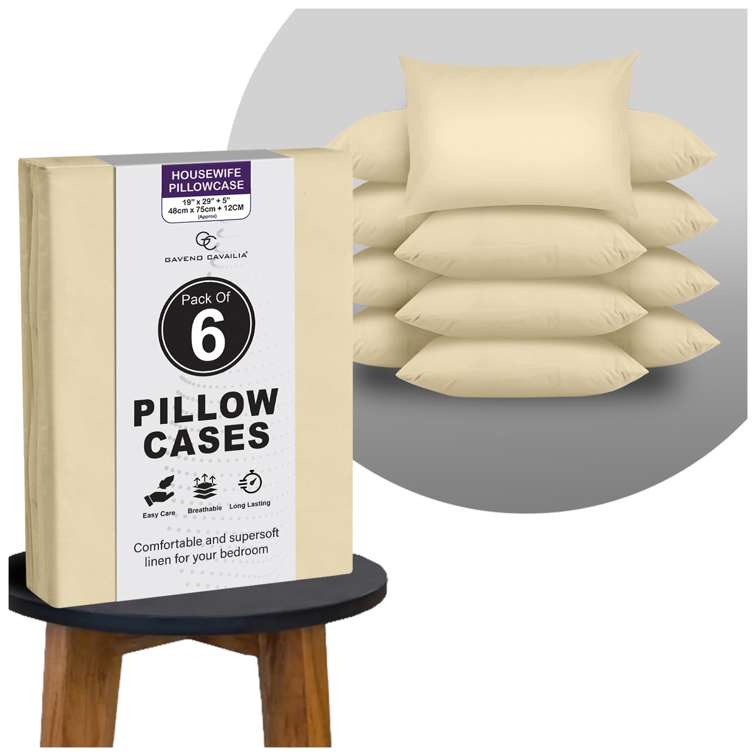 GC GAVENO CAVAILIA Plain Cream Pillow Cases 6 Pack | Breathable, Wrinkle, Soft Touch Polycotton Bedding Pillowcases | Hotel Quality Hypoallergenic Pillow Covers Envelope Closure 74x48 Cm